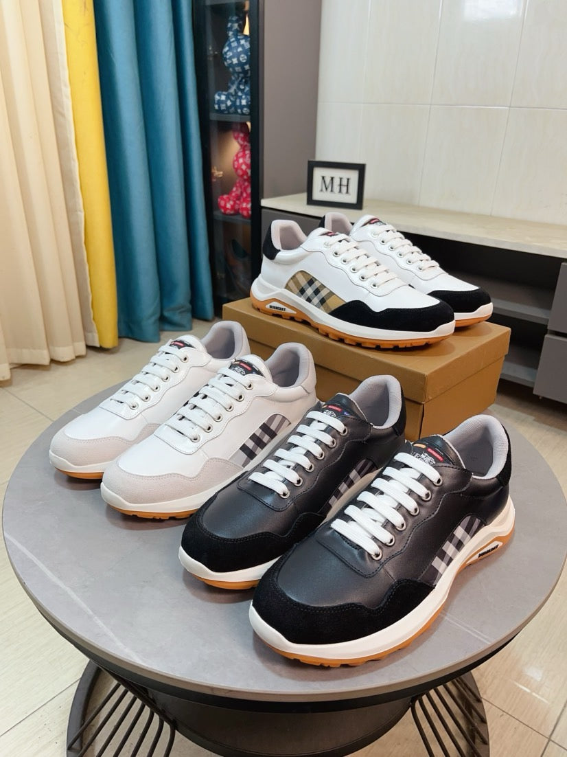 Burberry sneakers set: white and black leather with patterned panels and gum soles