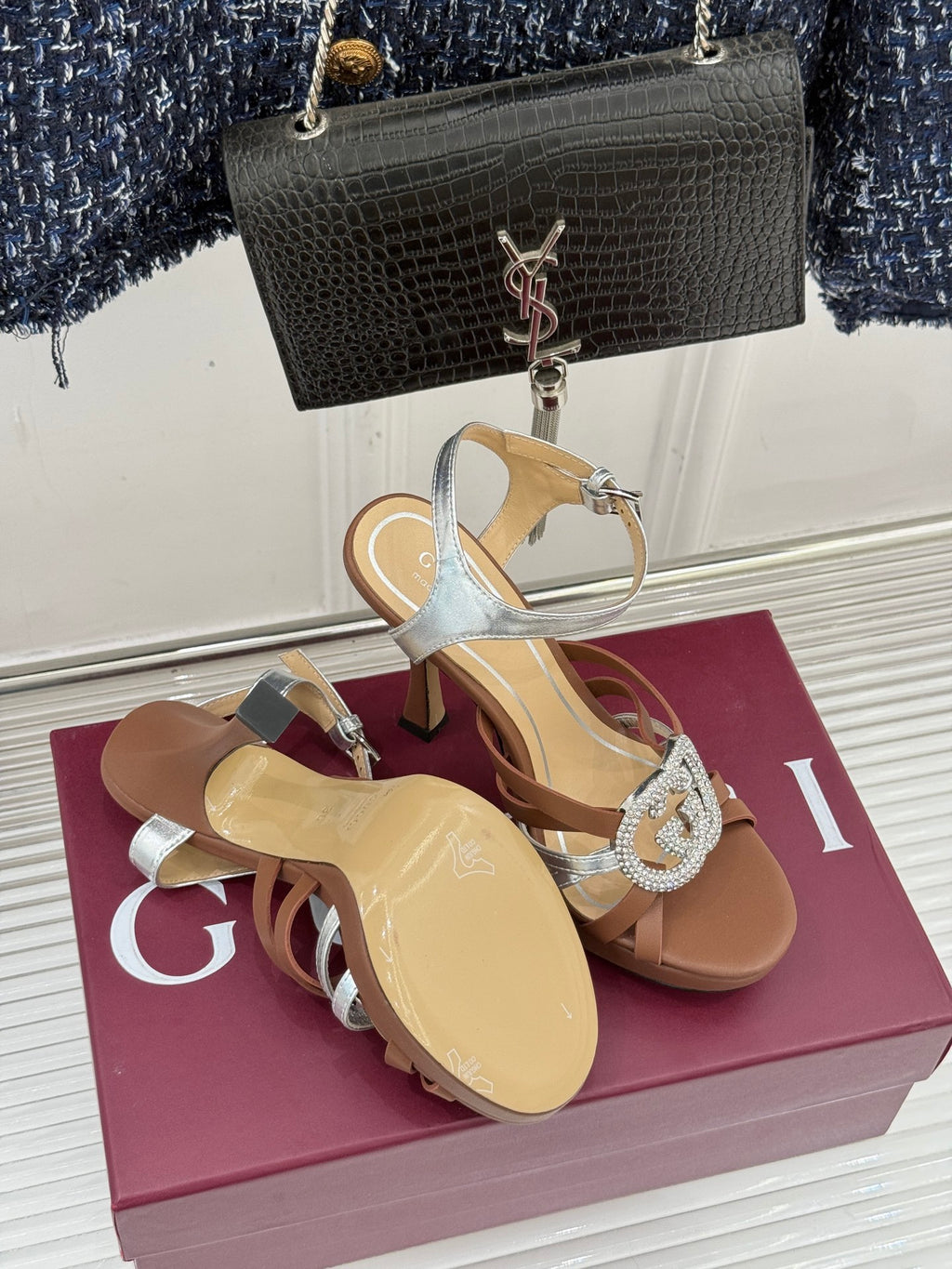 Gucci heeled sandals on box, silver straps with jeweled buckle, tan block heels