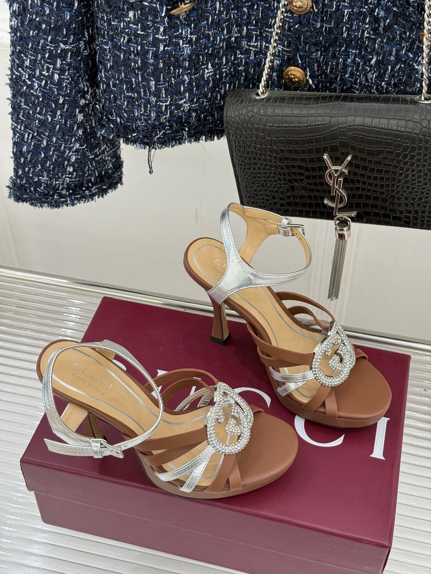Gucci heeled sandals with silver T-strap and jeweled buckle, brown heel