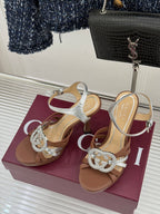 Gucci heeled sandals, silver T-strap with jeweled buckle, tan platform heel