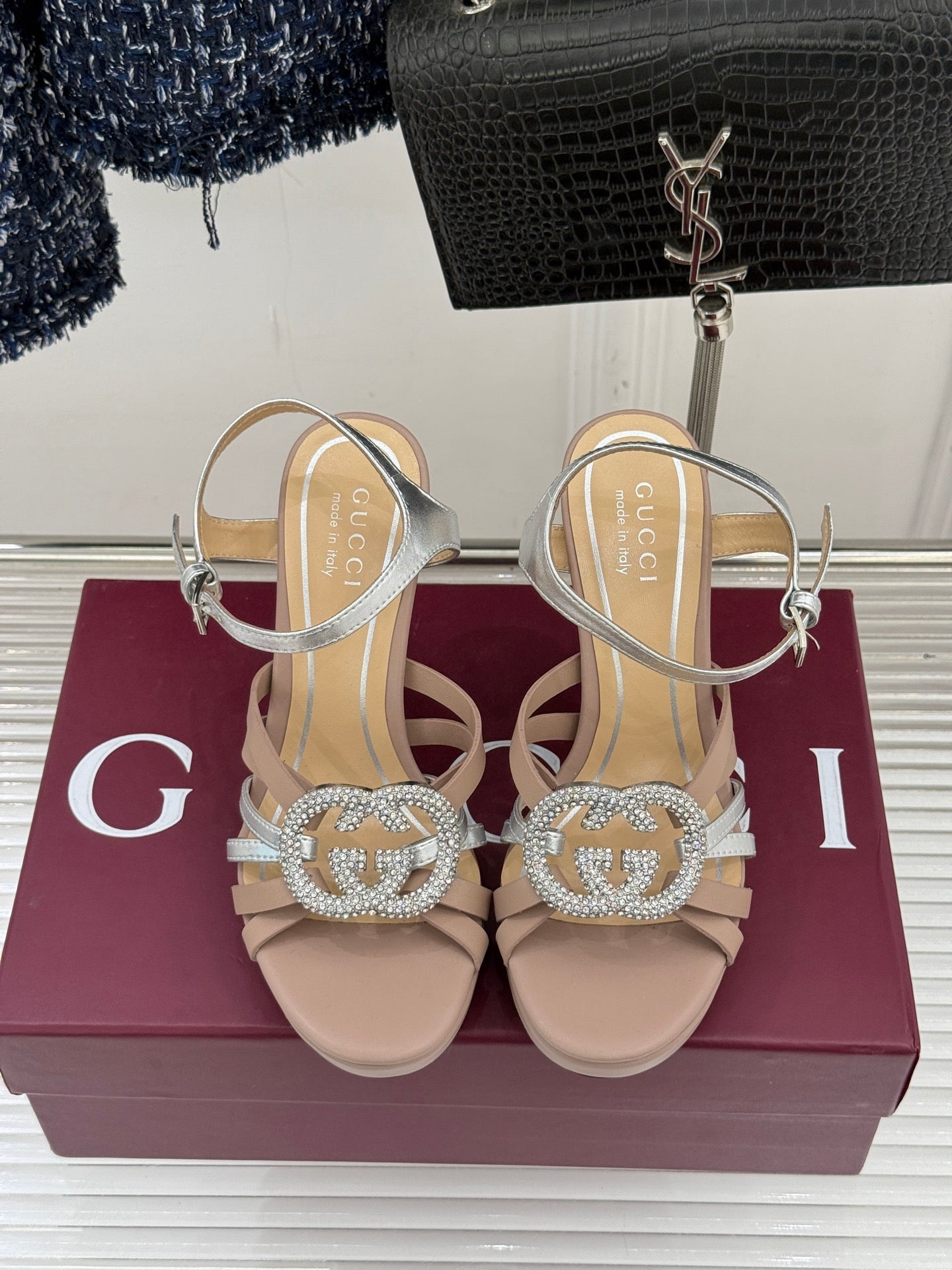 Gucci heeled sandals with heart-shaped crystal buckle and thin silver ankle straps