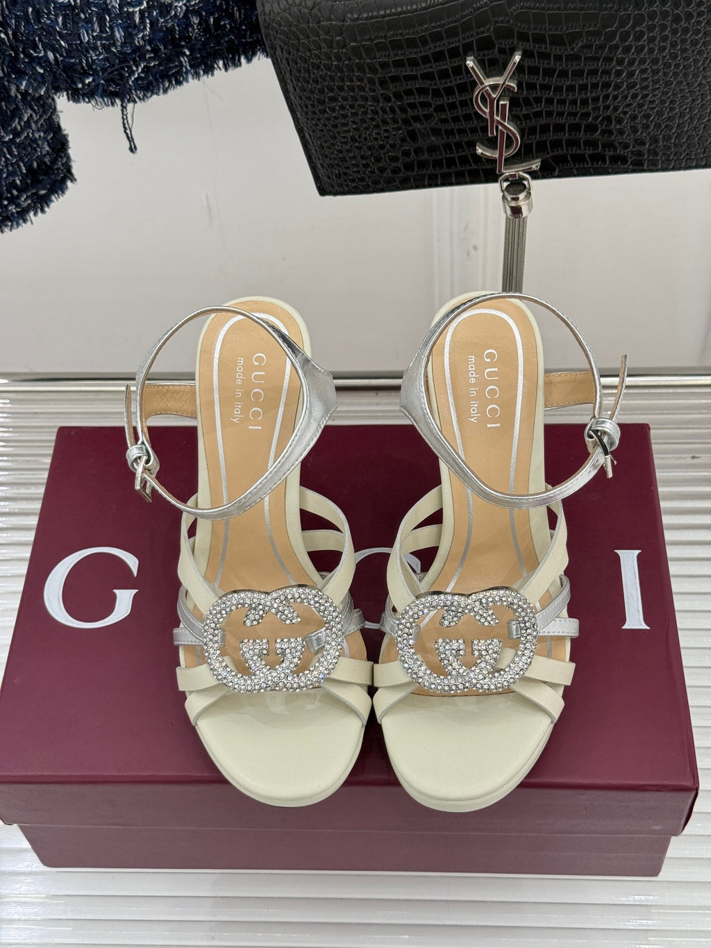 Gucci ladies strappy heeled sandals, cream color with rhinestone G buckle detail