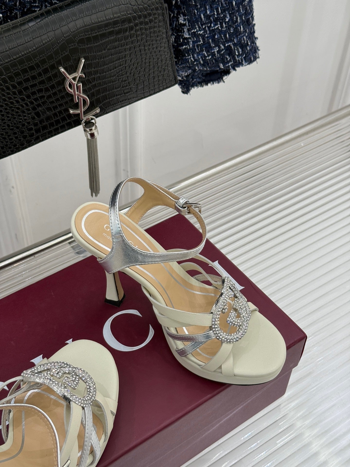 Gucci ladies heeled sandals, cream leather with silver straps and rhinestone emblem