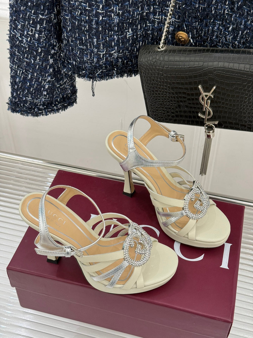 Gucci ladies strappy heeled sandals with cream straps and sparkling rhinestone emblem