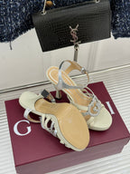 Gucci ladies strappy heeled sandals on box, cream leather with rhinestone buckle