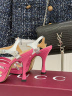 Gucci ladies heeled sandals, fuchsia pink high heel with silver straps and heart buckle