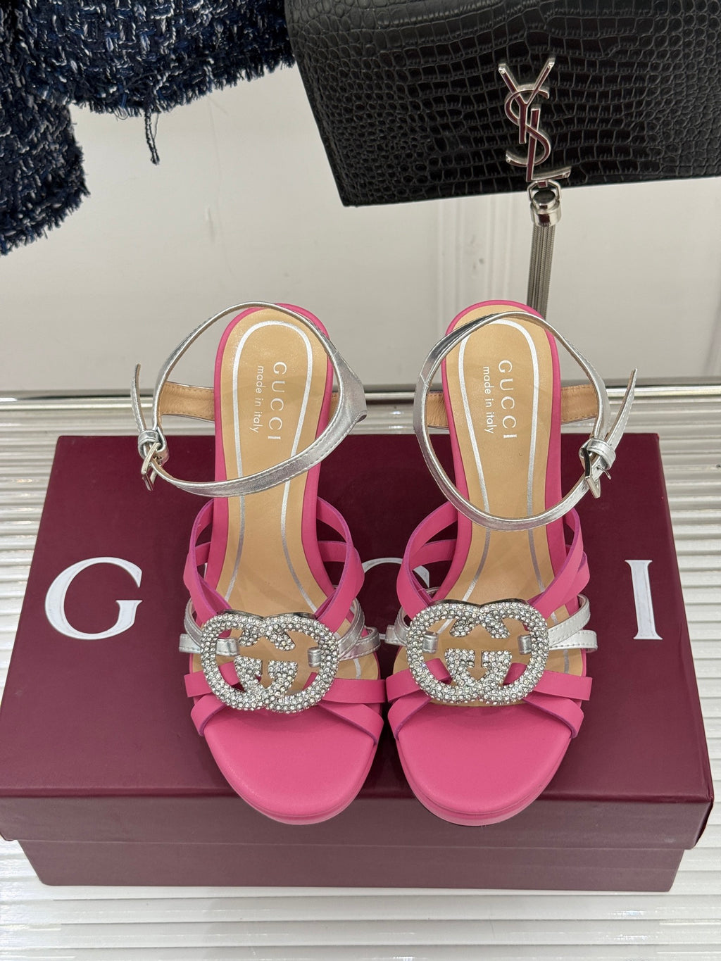 Gucci ladies heeled sandals, pink toe and heel with silver straps and rhinestone heart