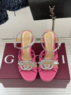Gucci ladies heeled sandals, pink toe and heel with silver straps and rhinestone heart