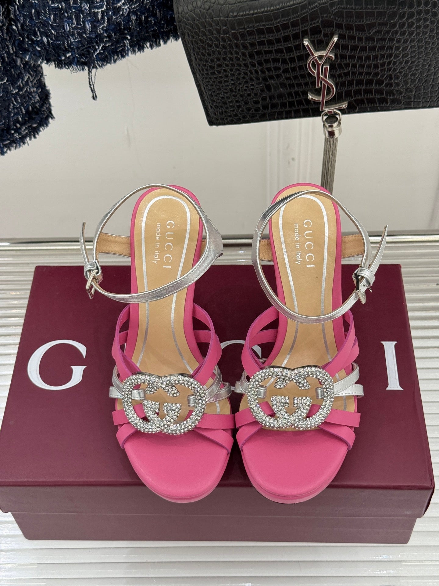 Gucci ladies heeled sandals, pink toe and heel with silver straps and rhinestone heart
