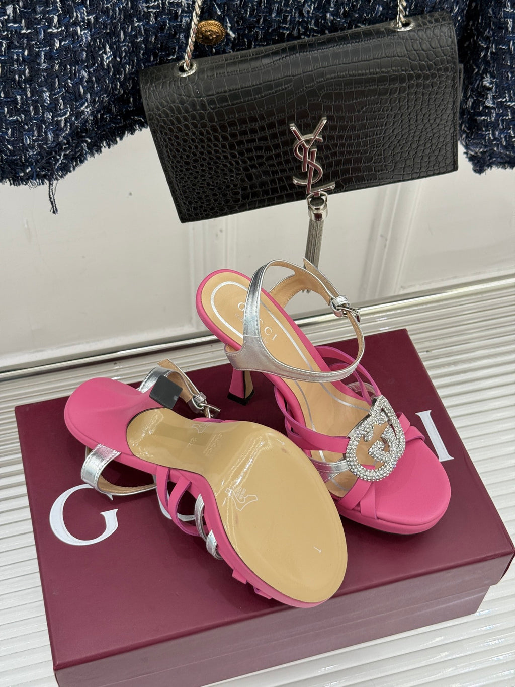 Gucci ladies heeled sandals, pink pair with silver straps and jeweled heart buckle