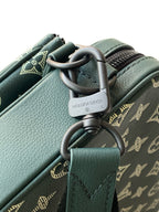Louis Vuitton men's monogram bag in dark green, leather strap with metal D-ring and tag