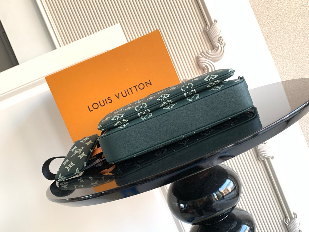 Louis Vuitton green monogram shoulder bag with long strap and top flap detail