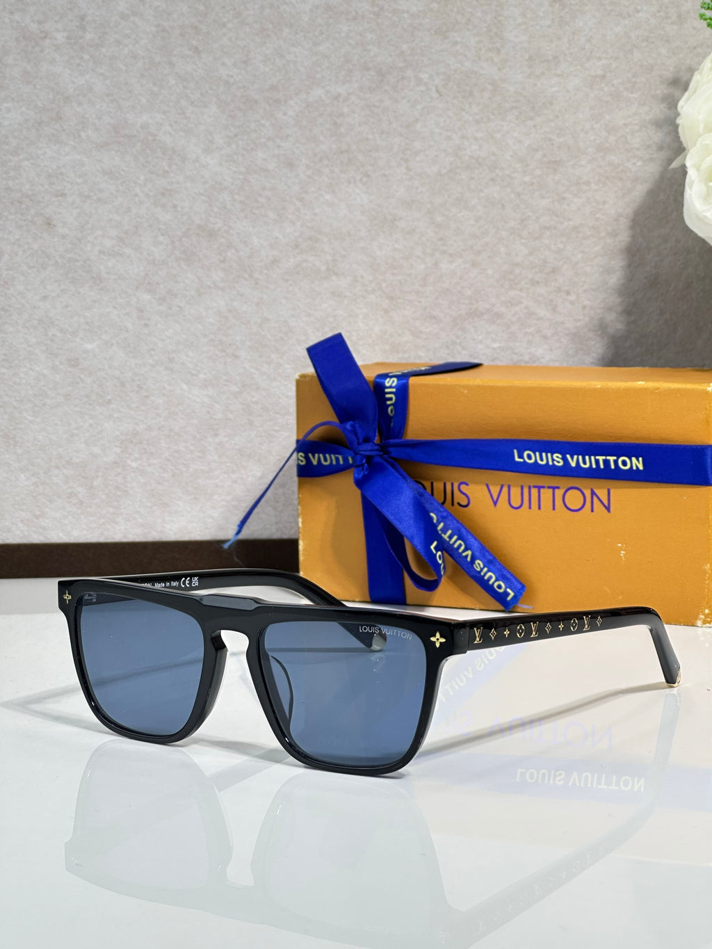 Louis Vuitton sunglasses, blue-tinted lenses, black frame with star LV trim