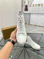 Burberry white high-top sneakers front view with lace-up and padded collar