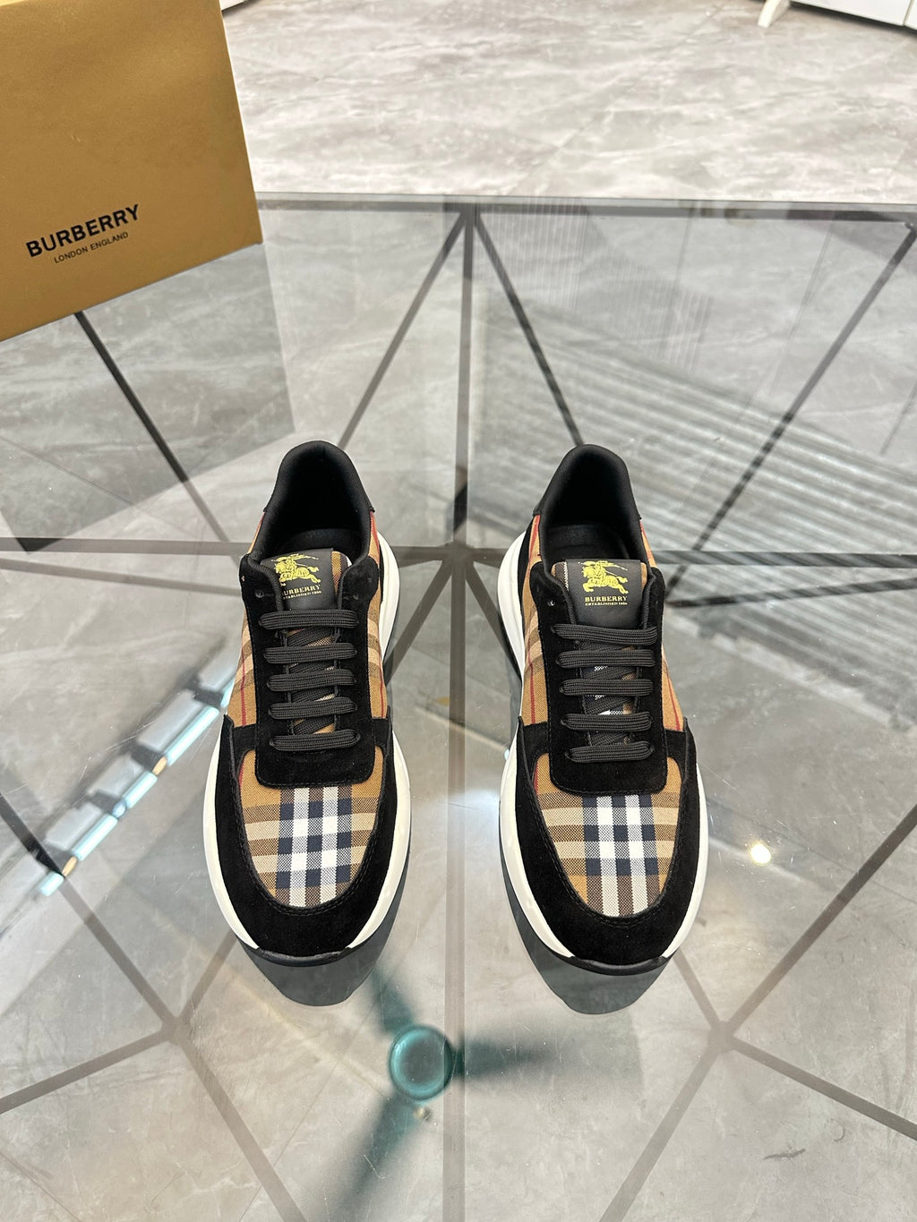 Burberry sneakers with black suede panels and tartan check detail, lace-up design