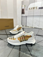 White sneakers with plaid side panel and lace-up design, thick rubber sole