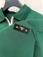 Prada polo shirt chest detail with logo patch and textured green fabric