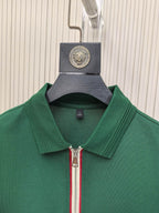 Prada polo collar detail with zipper and red-and-white striped trim