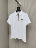 White short-sleeve polo shirt with half-zip front and Prada triangle logo