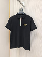 Black polo shirt with red-and-white zipper and Prada triangle logo