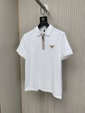 White Prada short-sleeve polo shirt with half-zip placket and gold logo badge