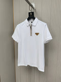 White short-sleeve polo shirt with collar, zipper placket, and Prada triangle chest logo.