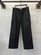 Black cargo pants with button closure, belt loops, and side cargo pockets