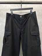 Black cargo pants with waistband button, belt loops, and front cargo pockets
