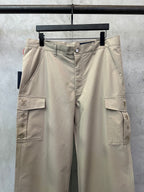 Beige cargo pants with cargo side pockets and front waistband button