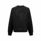 Black crewneck sweatshirt with large back logo graphic and ribbed cuffs