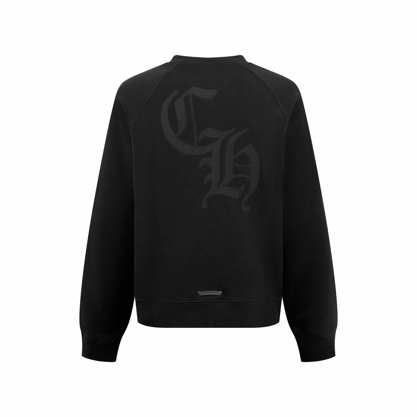 Black crewneck sweatshirt with large back logo graphic and ribbed cuffs