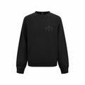 Black crewneck sweatshirt with long sleeves and small front logo graphic