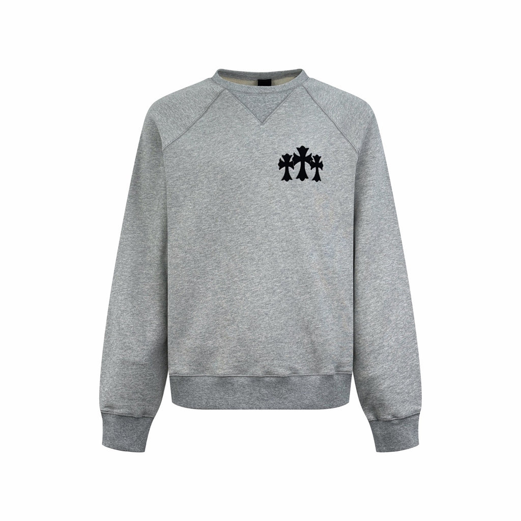 Heather gray long-sleeve sweatshirt with crew neck and black front graphic