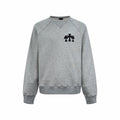 Heather gray long-sleeve sweatshirt with crew neck and black front graphic