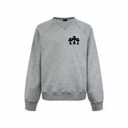 Heather gray long-sleeve sweatshirt with crew neck and black front graphic