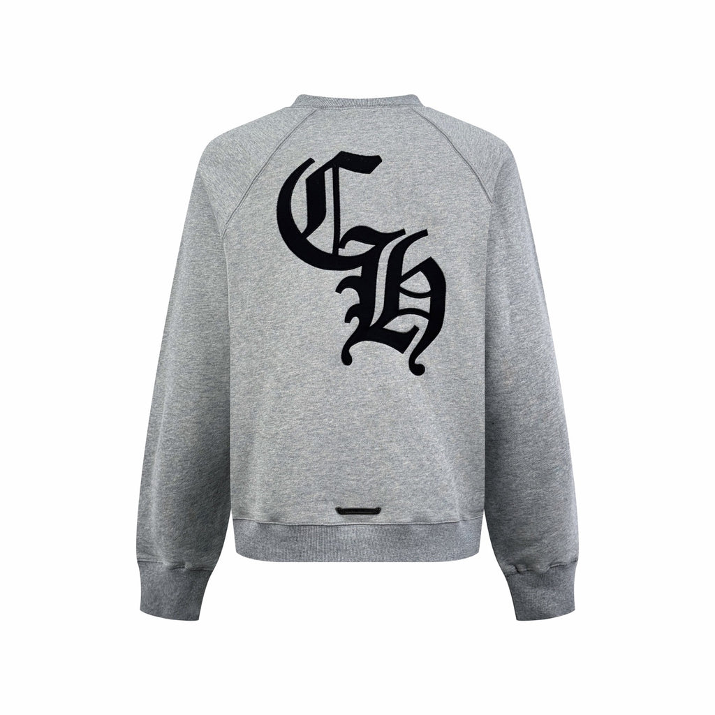 Back of heather gray long-sleeve sweatshirt with large black graphic print