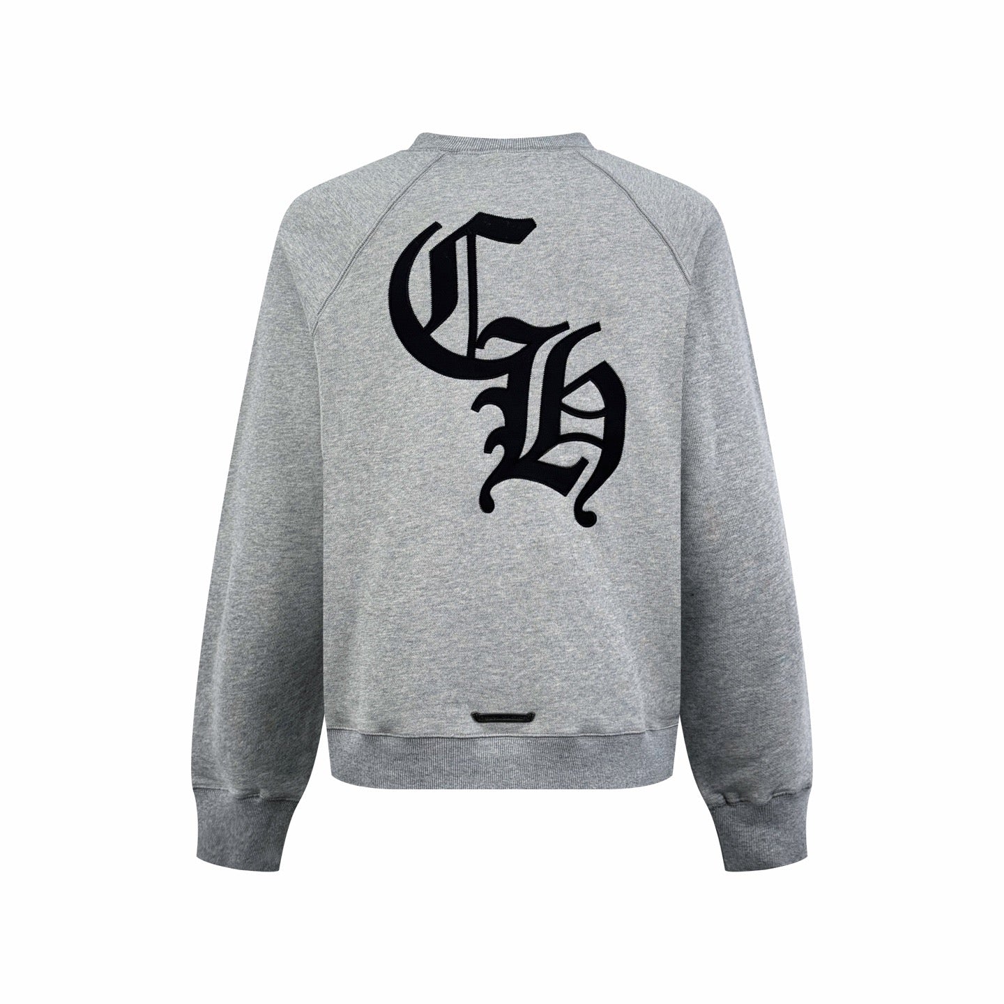 Back of heather gray long-sleeve sweatshirt with large black graphic print