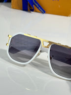 Louis Vuitton sunglasses with white frames and dark tinted lenses, close-up side view