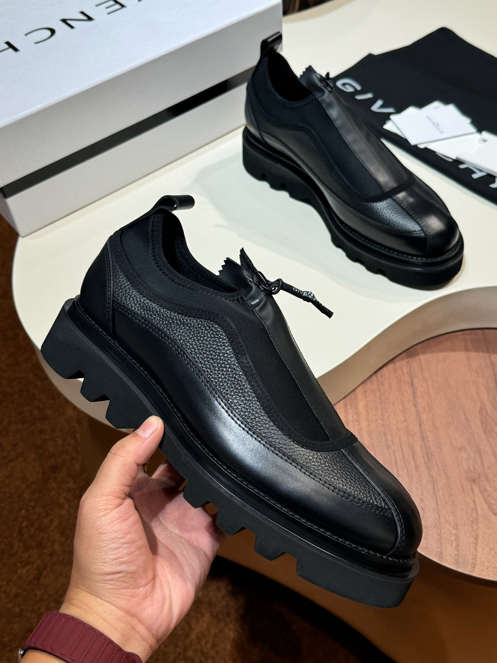 Givenchy black leather loafers with side strap and textured upper, chunky sole