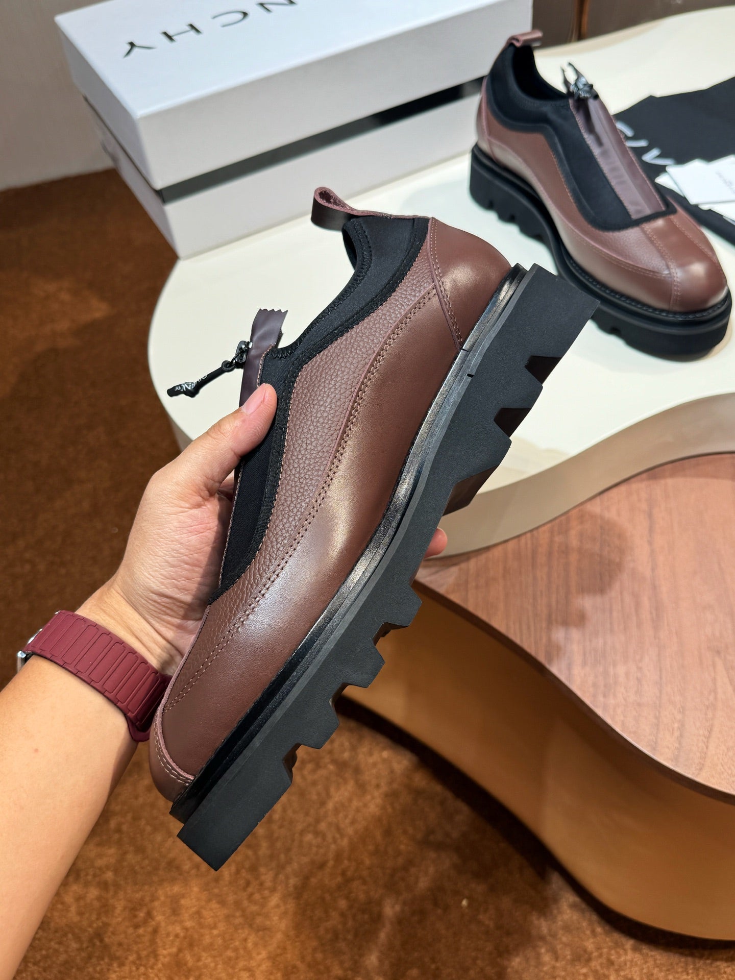 Givenchy lace-up leather shoes, brown leather with black elastic panels and lug sole.