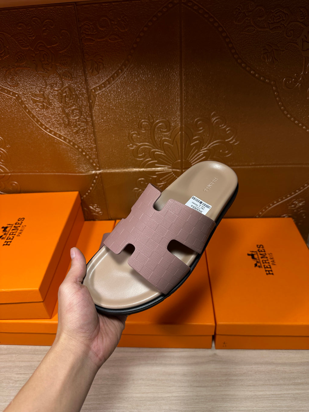 Hermes slide sandals, lilac strap across beige footbed