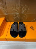 Hermes slide sandals with dark wide H-strap and open toe