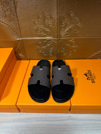 Hermes slide sandals with dark wide H-strap and open toe
