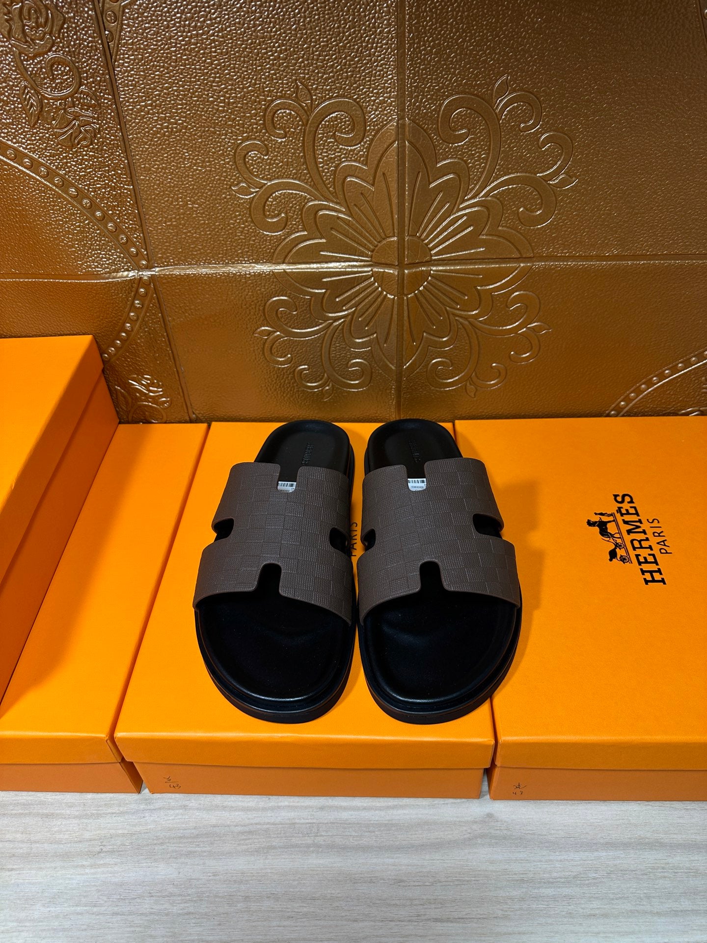 Hermes slide sandals with dark wide H-strap and open toe