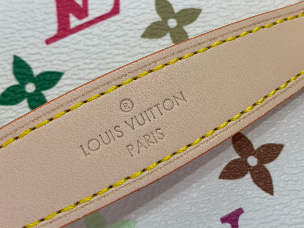 Louis Vuitton leather brand tag with “LOUIS VUITTON PARIS” and colorful trim