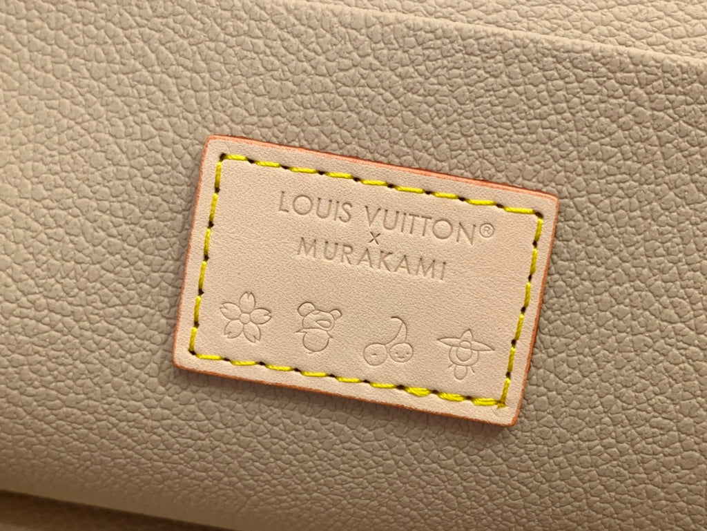 Louis Vuitton Murakami label on beige interior with stitched border