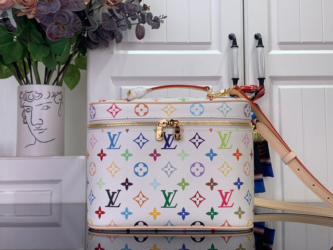 Louis Vuitton multicolor monogram top-handle bag with gold trim and strap