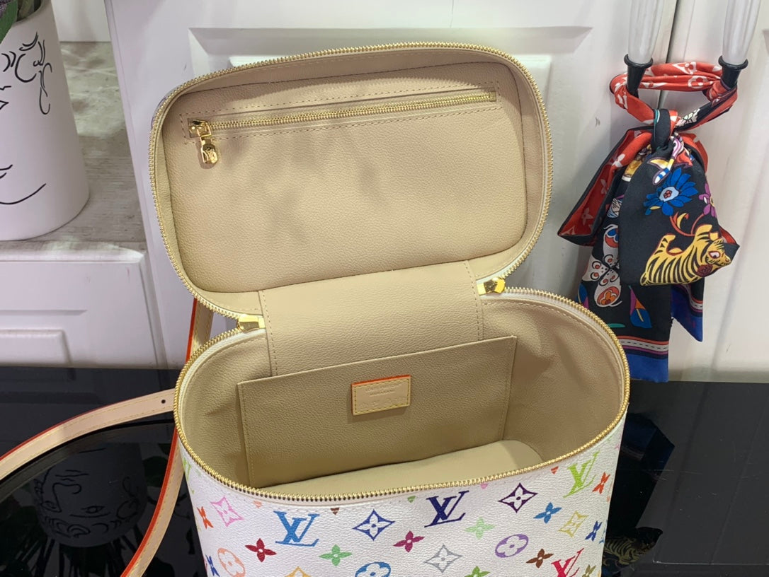 Louis Vuitton multicolor monogram bag with open top and beige interior