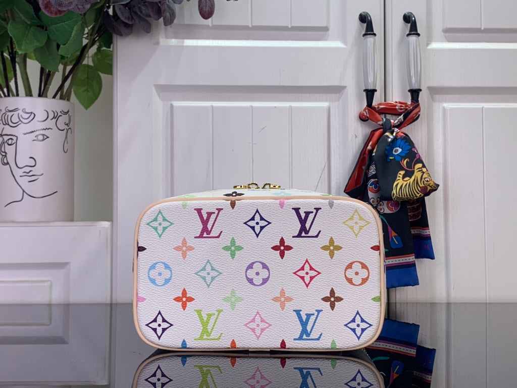 Louis Vuitton monogram vanity bag with multicolor icons and flat top gold clasp