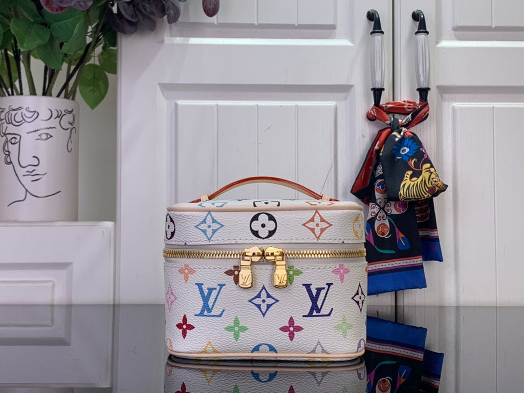 Louis Vuitton multicolor monogram vanity bag with top handles and gold zipper